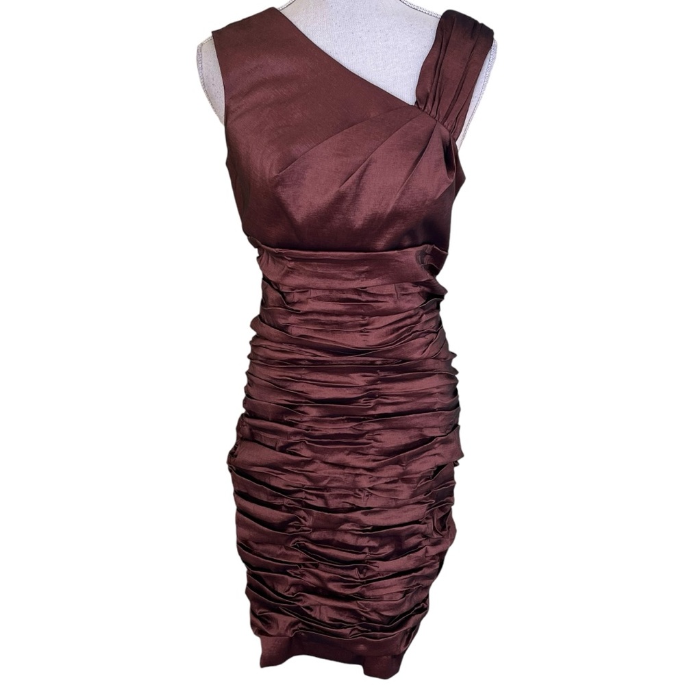 Calvin Klein Metallic Cappuccino Brown Asymmetric Ruched Cocktail Sheath Dress